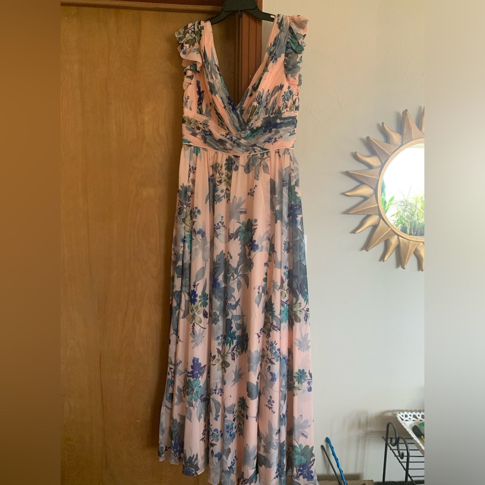 Mac Duggal Blush and Blue Floral Maxi Dress